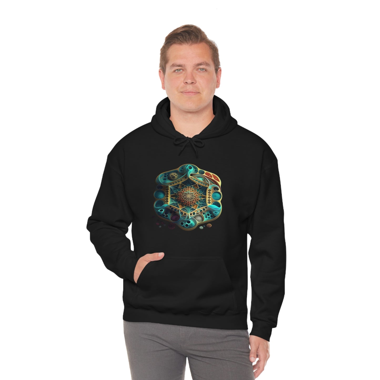 Black Hooded Sweatshirt, Underwater Hexagon Hoodie, Soft Cotton Pullover Hoodie, Sacred Clothing, Sacred Graphic Hoodie