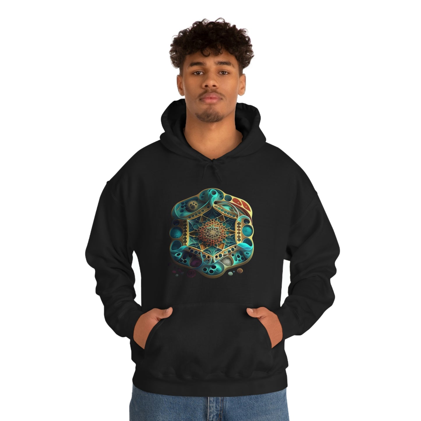 Black Hooded Sweatshirt, Underwater Hexagon Hoodie, Soft Cotton Pullover Hoodie, Sacred Clothing, Sacred Graphic Hoodie