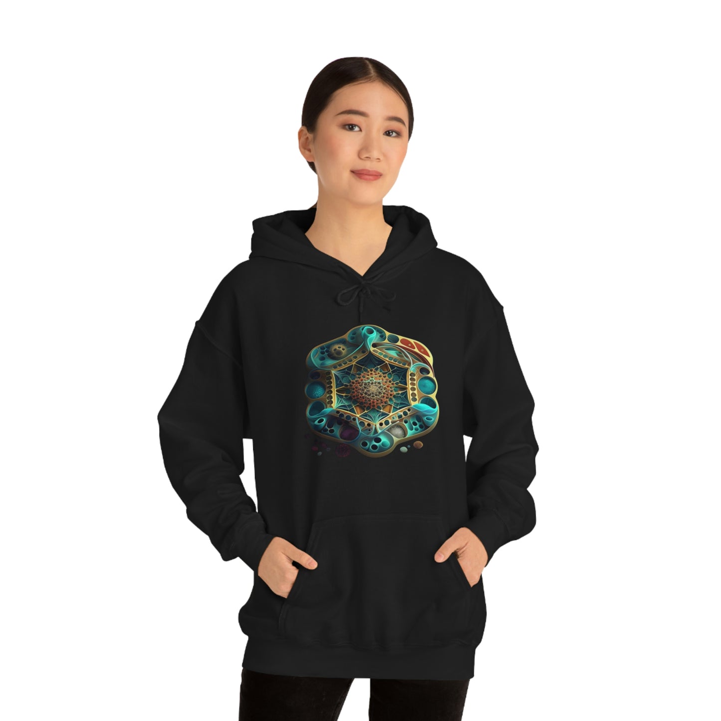 Black Hooded Sweatshirt, Underwater Hexagon Hoodie, Soft Cotton Pullover Hoodie, Sacred Clothing, Sacred Graphic Hoodie