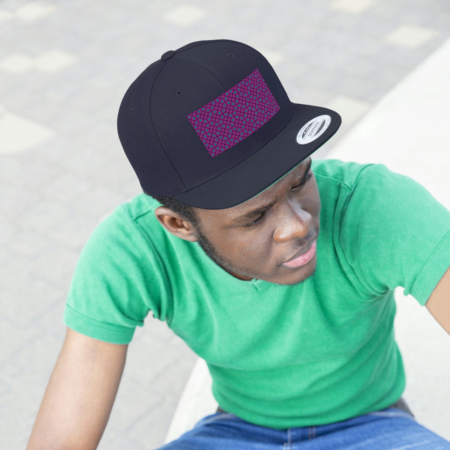 Geometric Pattern Snapback Hat, Adjustable Flat Cap, Black Snapback, Handmade Hat Patch Hat. Summer Hat, Trucker Hat