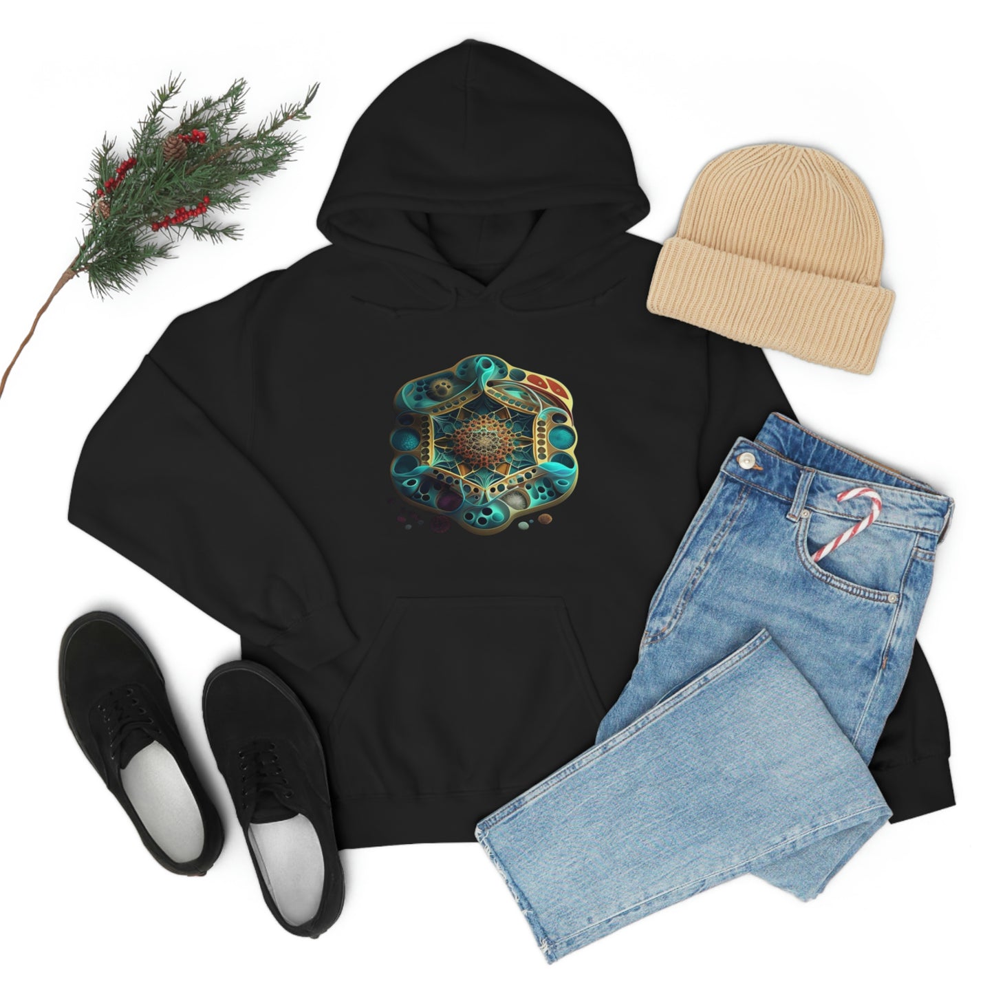 Black Hooded Sweatshirt, Underwater Hexagon Hoodie, Soft Cotton Pullover Hoodie, Sacred Clothing, Sacred Graphic Hoodie
