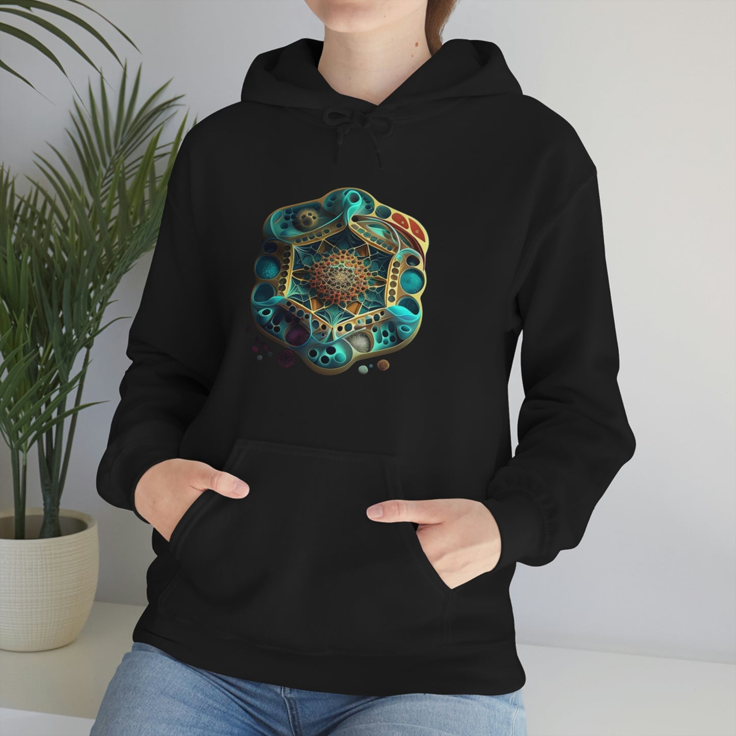 Black Hooded Sweatshirt, Underwater Hexagon Hoodie, Soft Cotton Pullover Hoodie, Sacred Clothing, Sacred Graphic Hoodie