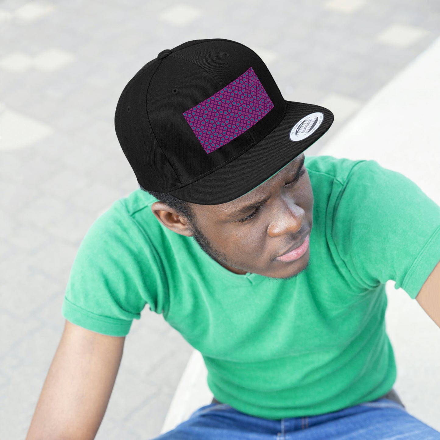 Geometric Pattern Snapback Hat, Adjustable Flat Cap, Black Snapback, Handmade Hat Patch Hat. Summer Hat, Trucker Hat