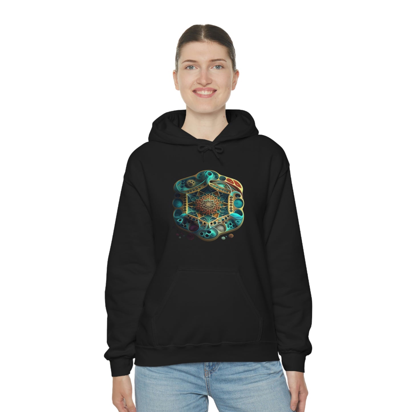 Black Hooded Sweatshirt, Underwater Hexagon Hoodie, Soft Cotton Pullover Hoodie, Sacred Clothing, Sacred Graphic Hoodie