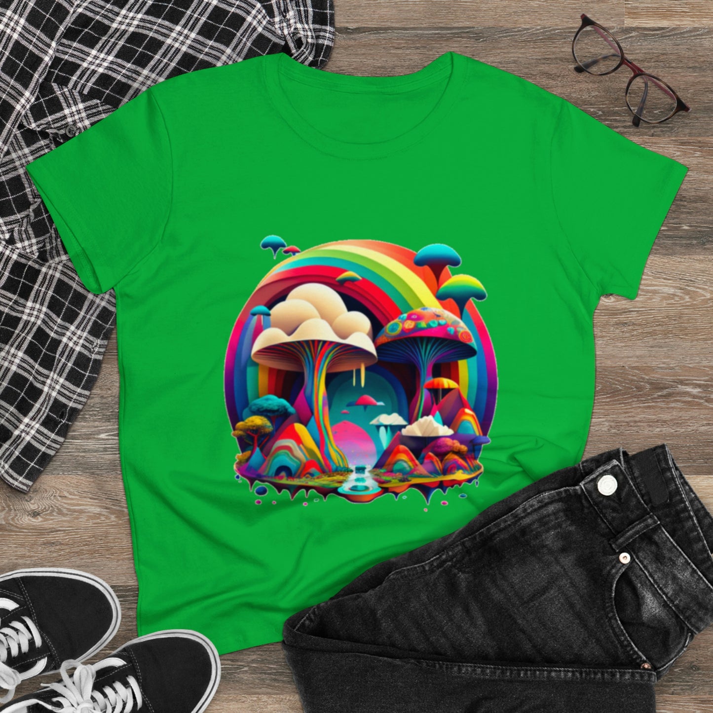 Rainbow Mushroom Shirt for Women, Mushroom Clothing Adventure Shirt, Good Vibes Shirt, Western Feminine Shirt, Short Sleeve Shirt
