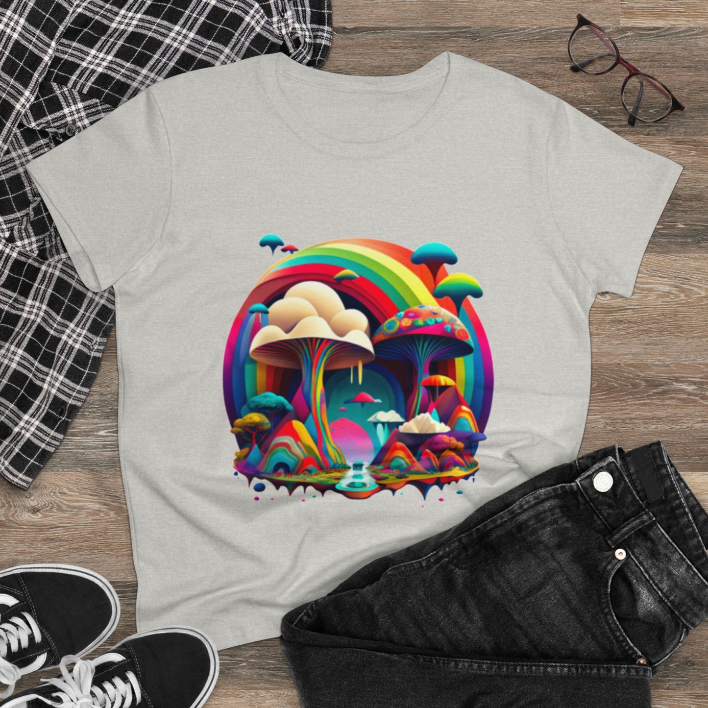 Rainbow Mushroom Shirt for Women, Mushroom Clothing Adventure Shirt, Good Vibes Shirt, Western Feminine Shirt, Short Sleeve Shirt