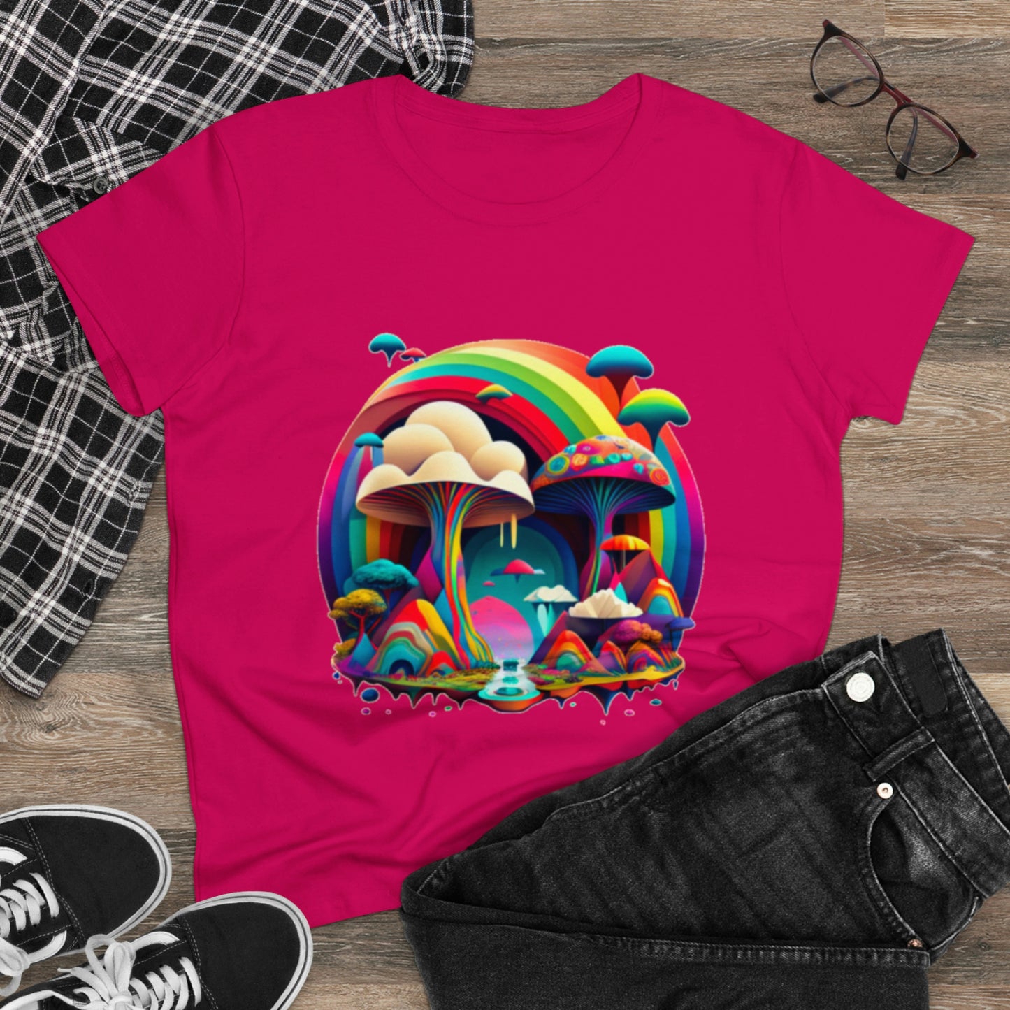 Rainbow Mushroom Shirt for Women, Mushroom Clothing Adventure Shirt, Good Vibes Shirt, Western Feminine Shirt, Short Sleeve Shirt