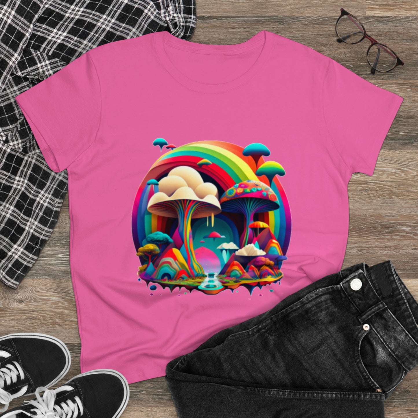 Rainbow Mushroom Shirt for Women, Mushroom Clothing Adventure Shirt, Good Vibes Shirt, Western Feminine Shirt, Short Sleeve Shirt