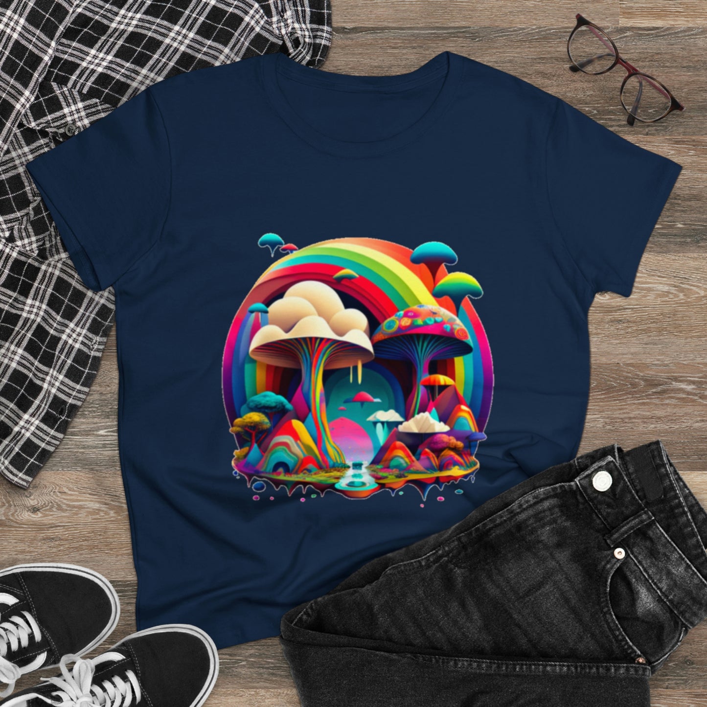 Rainbow Mushroom Shirt for Women, Mushroom Clothing Adventure Shirt, Good Vibes Shirt, Western Feminine Shirt, Short Sleeve Shirt