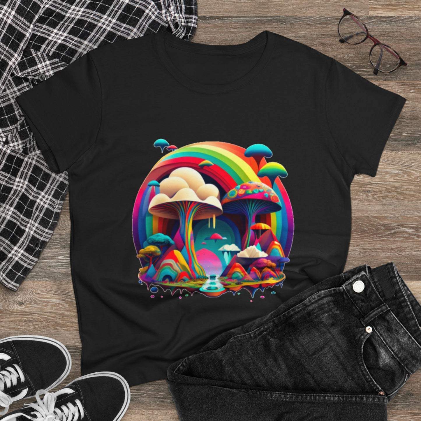 Rainbow Mushroom Shirt for Women, Mushroom Clothing Adventure Shirt, Good Vibes Shirt, Western Feminine Shirt, Short Sleeve Shirt