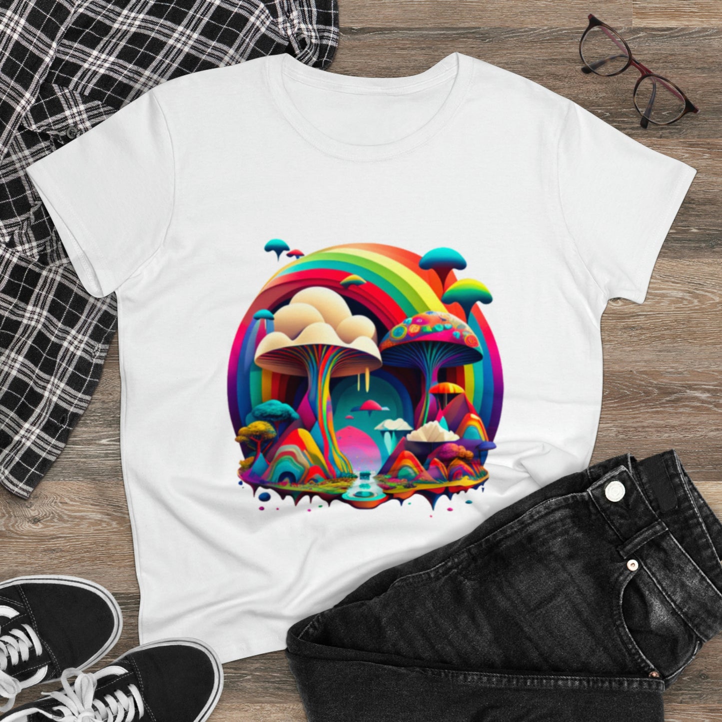 Rainbow Mushroom Shirt for Women, Mushroom Clothing Adventure Shirt, Good Vibes Shirt, Western Feminine Shirt, Short Sleeve Shirt