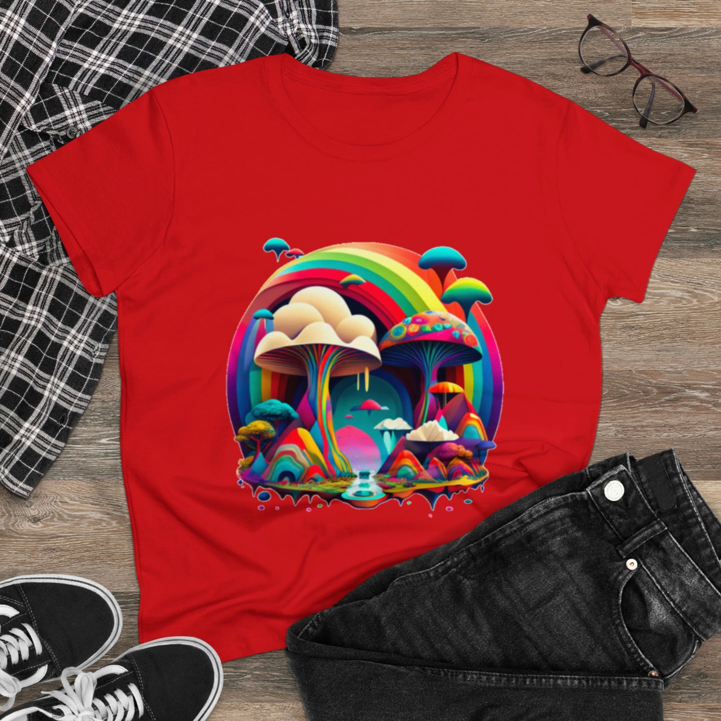 Rainbow Mushroom Shirt for Women, Mushroom Clothing Adventure Shirt, Good Vibes Shirt, Western Feminine Shirt, Short Sleeve Shirt