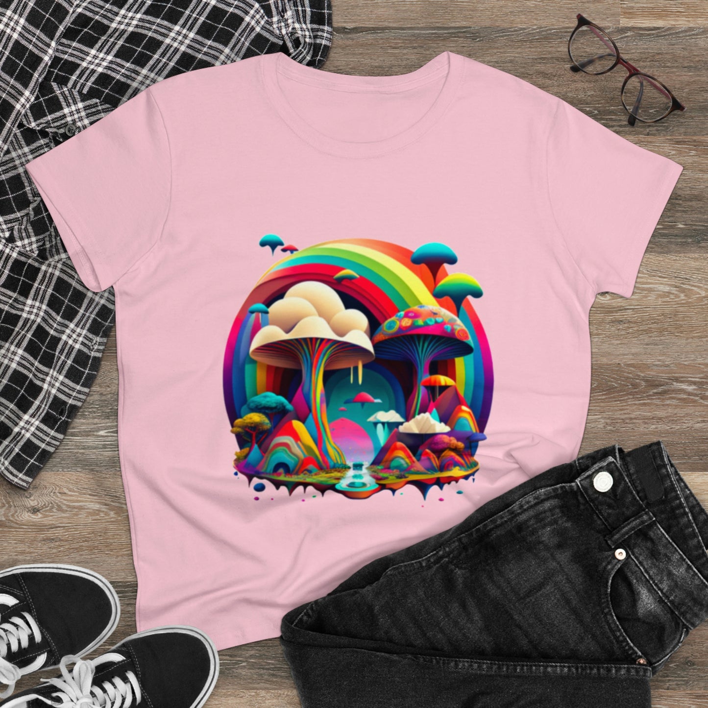 Rainbow Mushroom Shirt for Women, Mushroom Clothing Adventure Shirt, Good Vibes Shirt, Western Feminine Shirt, Short Sleeve Shirt